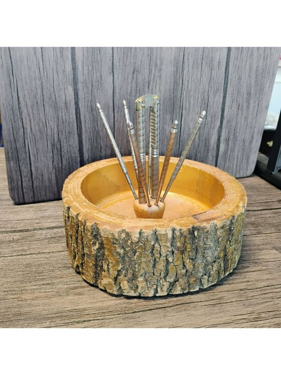 Vintage Other - Vintage 1950s Tree Bark Nut Bowl w Silver Nutcracker & 6 Picks, Rustic Wooden
